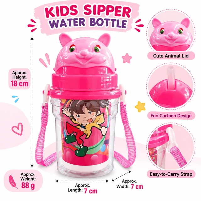 Kids Sipper Water Bottle with Cute Pink Animal Lid ( RANDOM COLOURS & DESIGNS) Cartoon Print, Straw and Carry Strap – Lightweight Drinking Bottle for Kids