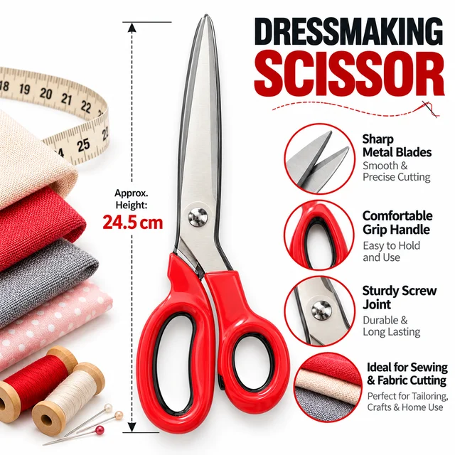 Dressmaking Scissor with Stainless Steel Blades and Red Comfort Grip Handle, Approx. 24.5 cm, for Tailoring, Fabric Cutting, Sewing and DIY Crafts
