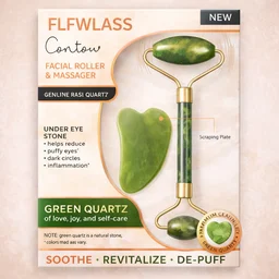 Contour Facial Roller & Massager Set with Green Quartz – Double-Sided Face Roller + Under Eye Gua Sha Stone for Skin Firming, De-Puffing & Circulation