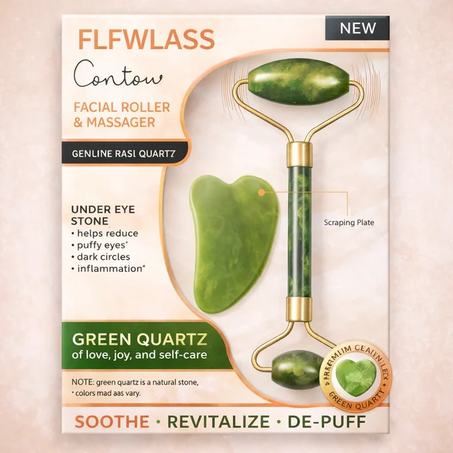 Contour Facial Roller & Massager Set with Green Quartz – Double-Sided Face Roller + Under Eye Gua Sha Stone for Skin Firming, De-Puffing & Circulation