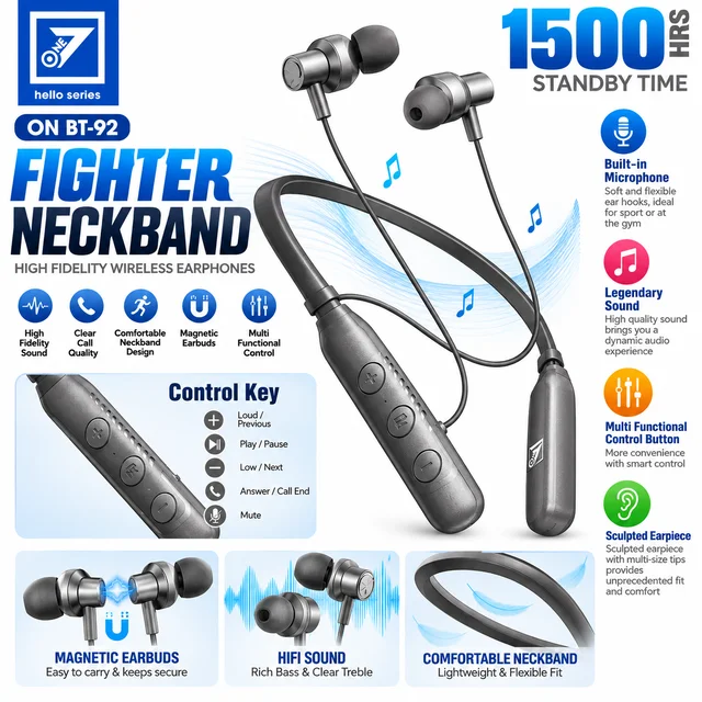 ON BT-92 Fighter Neckband with High Fidelity Sound, Heavy Bass, ENC Noise Reduction, Built-in Microphone, Magnetic Earbuds & Multifunction Contro