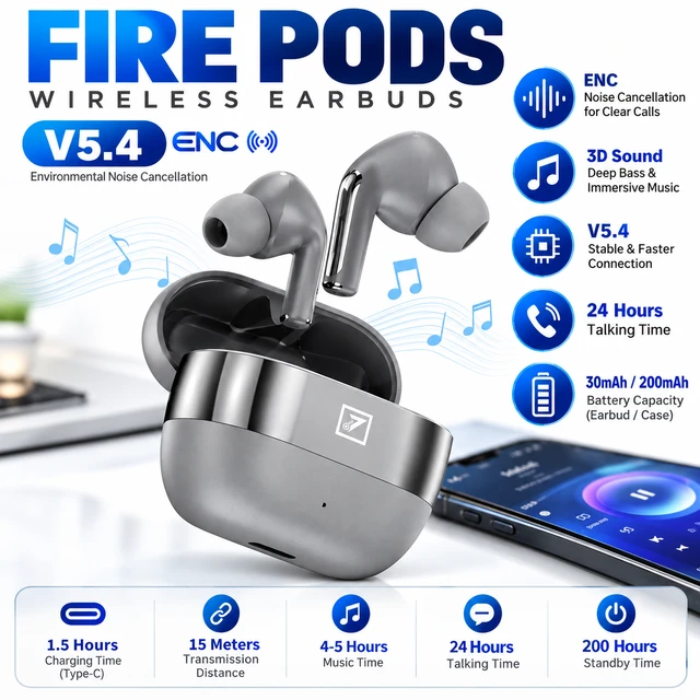 hello series FIRE PODS Wireless Earbuds V5.4 with ENC Noise Cancellation, 3D Surround Sound, Type-C Charging, 15M Transmission Range & Charging Case