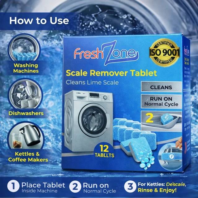 JKM Fresh Zone Washing Machine Scale Remover Tablets (12 Tablets) | Descaler for Front & Top Load Machines | Removes Limescale, Odor & Residue | ISO 9001 Certified