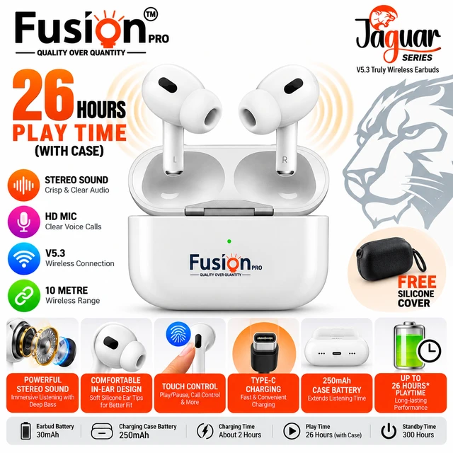 Fusion Pro FP-11 Jaguar Series TWS Wireless Earbuds – Bluetooth 5.3, Stereo Sound, Touch Control, Noise Reduction, Type-C Charging & 26 Hours Playtime