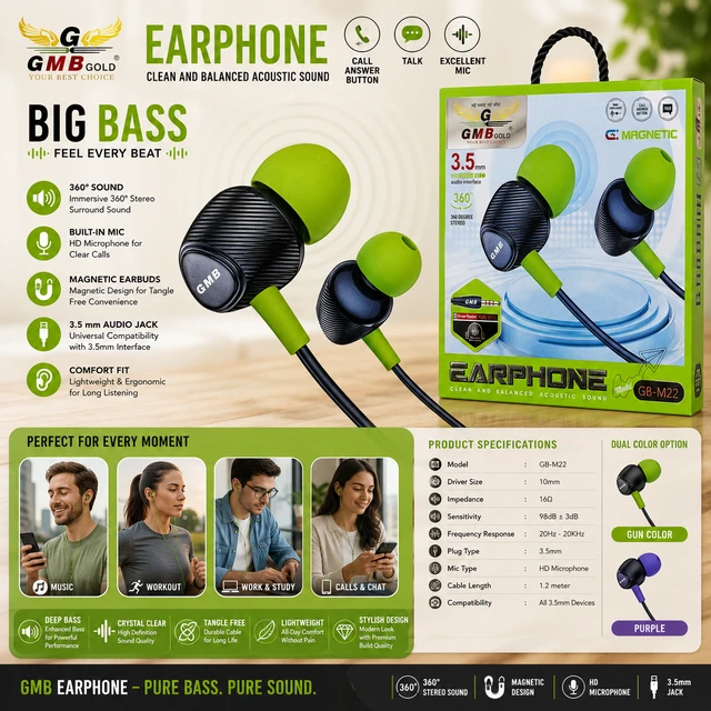 GMB Gold GB-M22 Wired Magnetic Earphones with HD Microphone, Deep Bass Stereo Sound, 3.5mm Audio Jack, In-Line Remote Control, Tangle-Free Cable, Noise Isolating In-Ear Earbuds for Smartphones, Tablets & Laptops