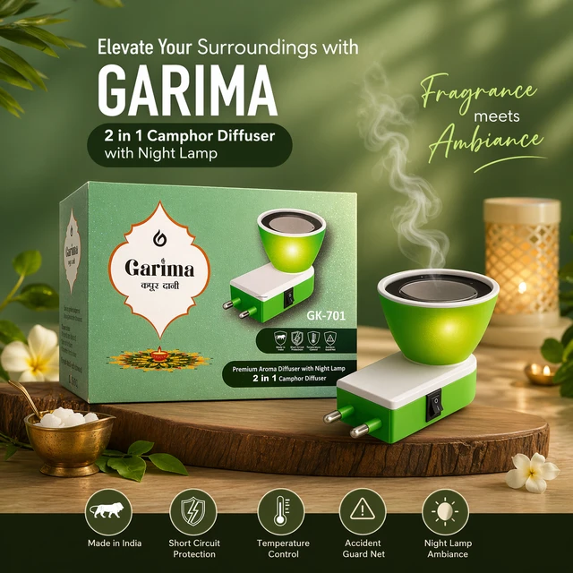 Garima 2-in-1 Camphor Diffuser with Night Lamp | Electric Kapoor Dani | Bhimseni Camphor Burner | Aroma Diffuser for Home, Office & Pooja Room | Safe & Compact