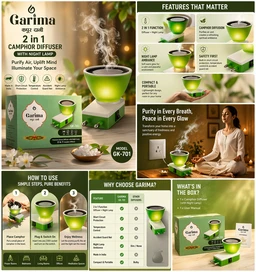 Garima 2-in-1 Camphor Diffuser with Night Lamp | Electric Kapoor Dani | Bhimseni Camphor Burner | Aroma Diffuser for Home, Office & Pooja Room | Safe & Compact