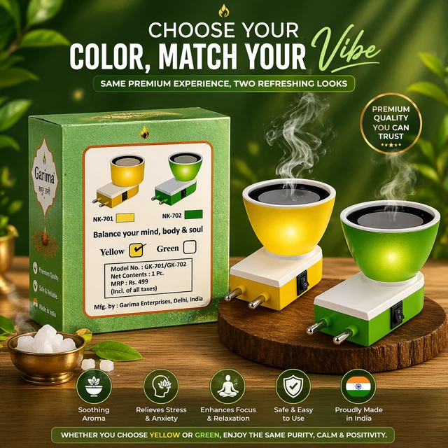 Garima 2-in-1 Camphor Diffuser with Night Lamp | Electric Kapoor Dani | Bhimseni Camphor Burner | Aroma Diffuser for Home, Office & Pooja Room | Safe & Compact