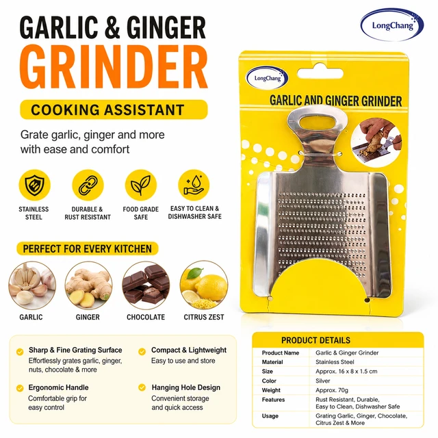 LongChang Garlic & Ginger Grinder | Stainless Steel Ginger Grater & Garlic Grater | Fine Grating Surface | Compact Kitchen Tool for Ginger, Garlic, Chocolate, Citrus Zest & More