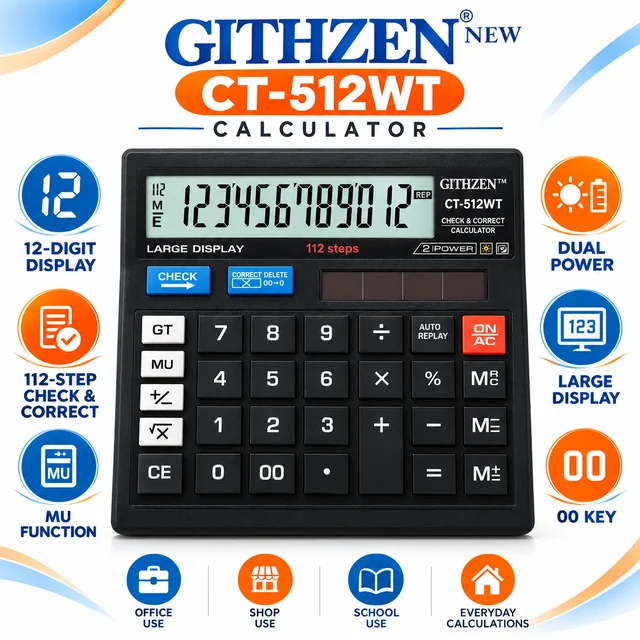 GITHZEN CT-512WT 12-Digit Electronic Desktop Calculator with Large Display, 112-Step Check and Correct Function, Dual Power, MU Function, 00 Key for Office, Shop, School and Home Use