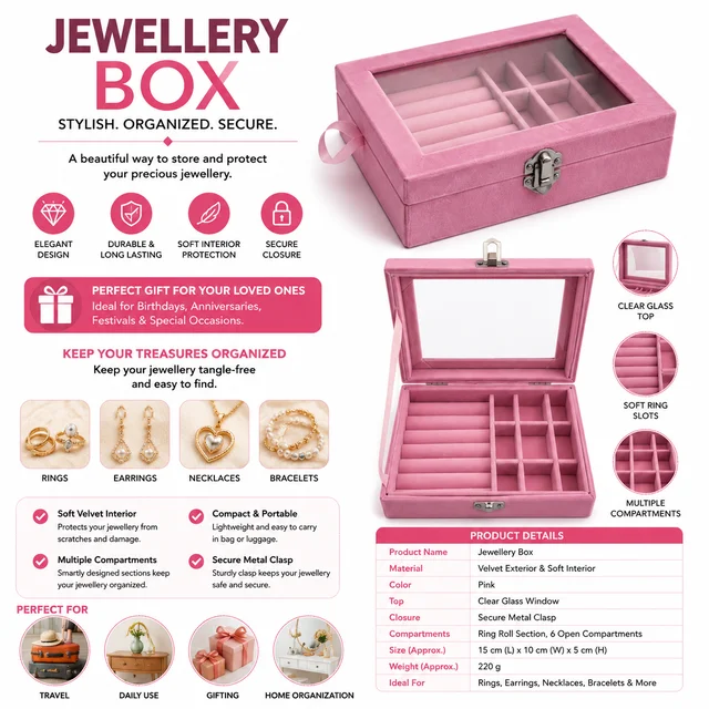 Pink Velvet Jewellery Box with Clear Glass Window, Multiple Compartments & Ring Slots – Compact Jewellery Organizer for Rings, Earrings, Necklaces & Bracelets