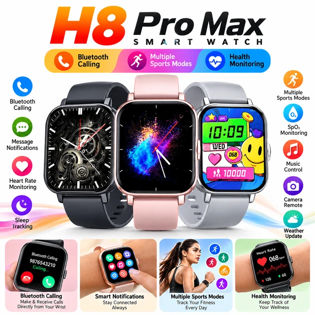 H8 Pro Max Smart Watch piece-1( RANDOM COLOURS )with Bluetooth Calling, Smart Notifications, Sports Modes, Heart Rate & SpO₂ Monitoring, Music 