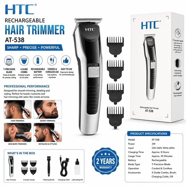HTC AT-538 Rechargeable Hair Trimmer for Men | T-Precision Blade | Corded & Cordless Operation | 4 Guide Combs | Beard, Hair & Sideburn Trimmer