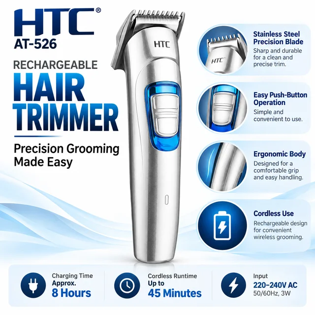 HTC AT-526 Rechargeable Hair Trimmer for Men, Stainless Steel Precision Cutting Blade, Cordless Beard and Hair Clipper, Ergonomic Body, Push-Button Operation, 45 Minutes Runtime
