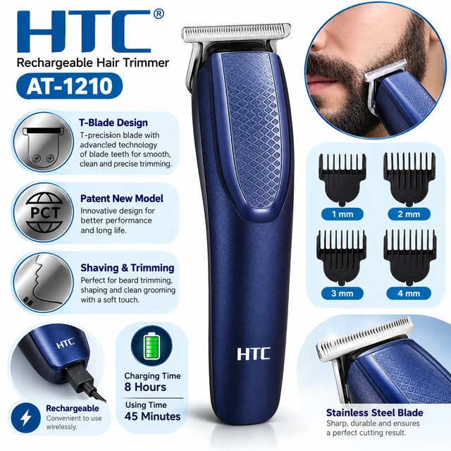 HTC AT-1210 Rechargeable Hair & Beard Trimmer with T-Precision Blade, Stainless Steel Blade, 4 Guide Combs, Cordless Operation & 45-Minute Runtime
