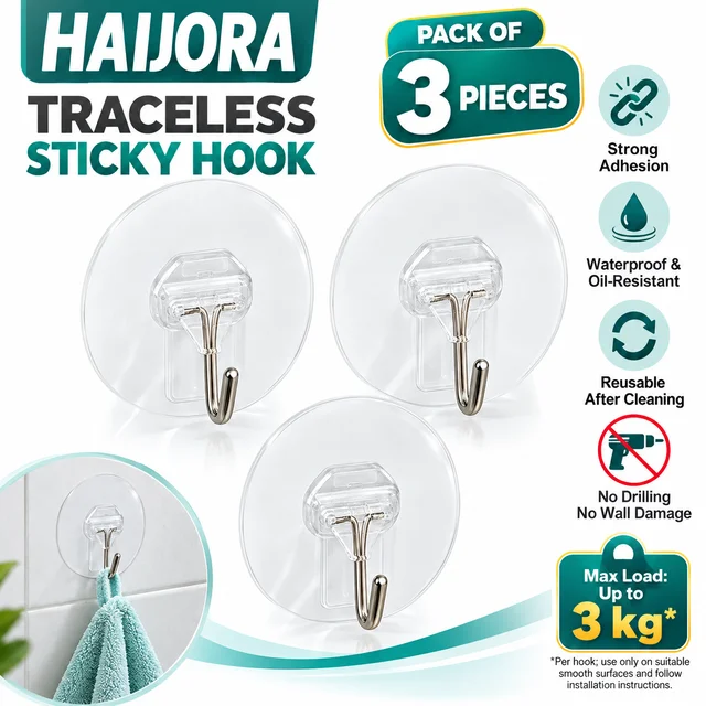 HAIJORA Traceless Sticky Hook for Bathroom, Kitchen, Home and Office, Strong Adhesive Wall Hanger, Waterproof and Reusable Hook for Smooth Surfaces, No Drilling Required, Pack of 3 Pieces, Maximum Load Capacity up to 3 kg per Hook