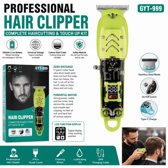 GYT-999 Professional Hair Clipper – Complete Haircutting & Touch-Up Kit with LCD Display, 6 Guide Combs, Carbon Steel Cutter & Type-C Charging