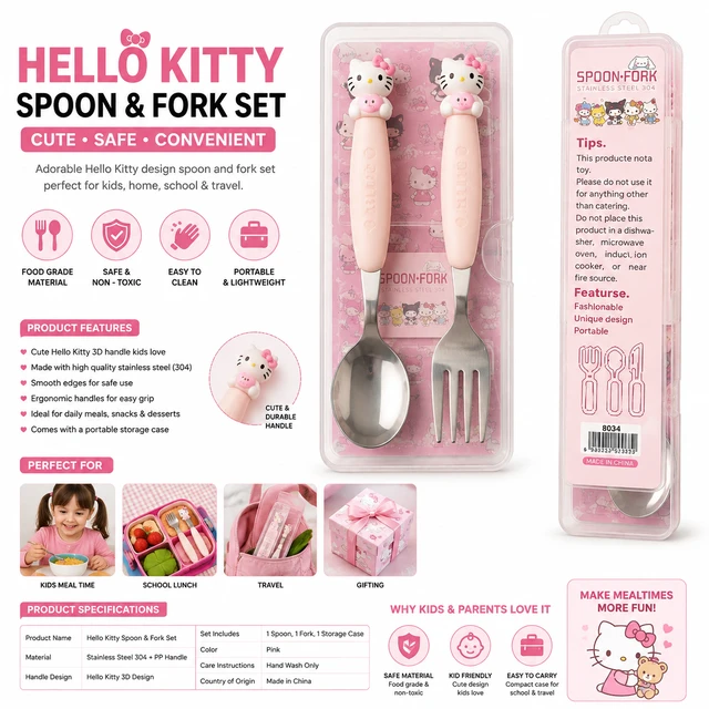 Hello Kitty Spoon & Fork Set for Kids, Cute 3D Character Handle Stainless Steel Cutlery Set with Portable Storage Case, Pink