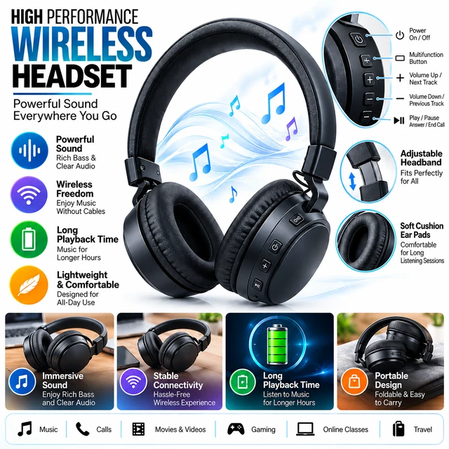 High Performance Wireless Headphones with Powerful Sound, Soft Cushioned Ear Pads, Adjustable Headband, Built-In Microphone & Easy Controls for Music, Calls, Gaming & Travel