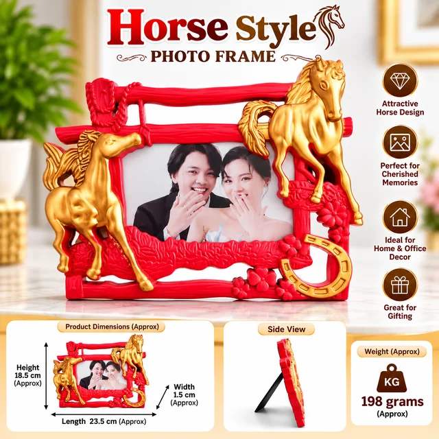 Horse Style Red and Golden Decorative Photo Frame for Home, Office, Tabletop Display and Gifting