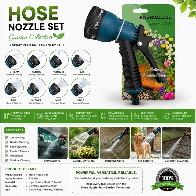 Hose Nozzle Set with 7 Spray Patterns – Stream, Centre, Vertical, Flat, Full, Shower, Mist & Cone | Adjustable Water Flow | Ergonomic Grip | Garden Watering, Car Washing & Outdoor Cleaning