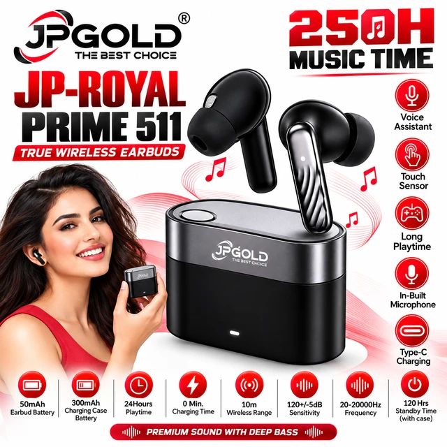 JPGOLD JP-ROYAL PRIME 511 Wireless Earbuds with Charging Case, 24-Hour Playtime, Touch Sensor, Voice Assistant, Built-In Microphone, Type-C Charging & Deep Bass Sound