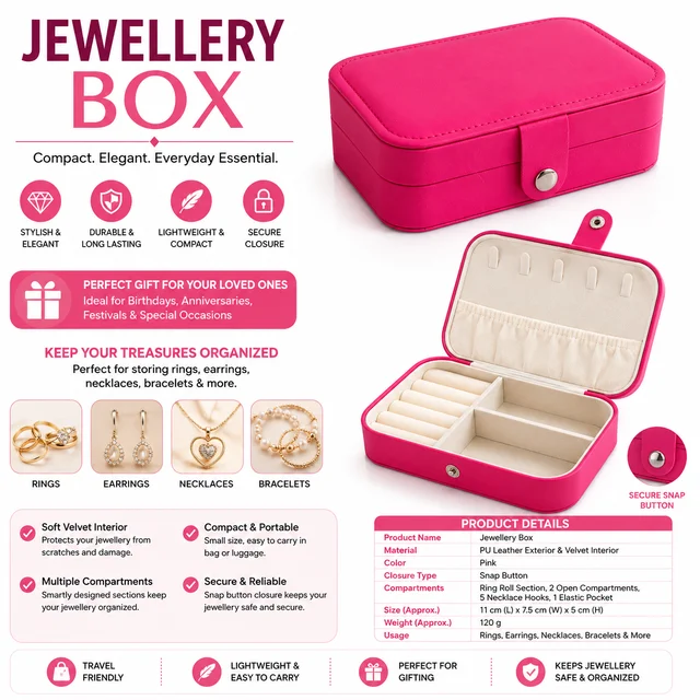 Jewellery Box for Women & Girls | Compact Jewellery Organizer with Ring Slots, Compartments, Necklace Hooks & Elastic Pocket | Portable Travel Jewellery Storage Case | Pink