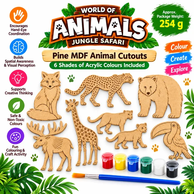 World of Animals Jungle Safari Craft Kit with Pine MDF Animal Cutouts, 6 Acrylic Paint Shades for Kids’ Creative Art Activities