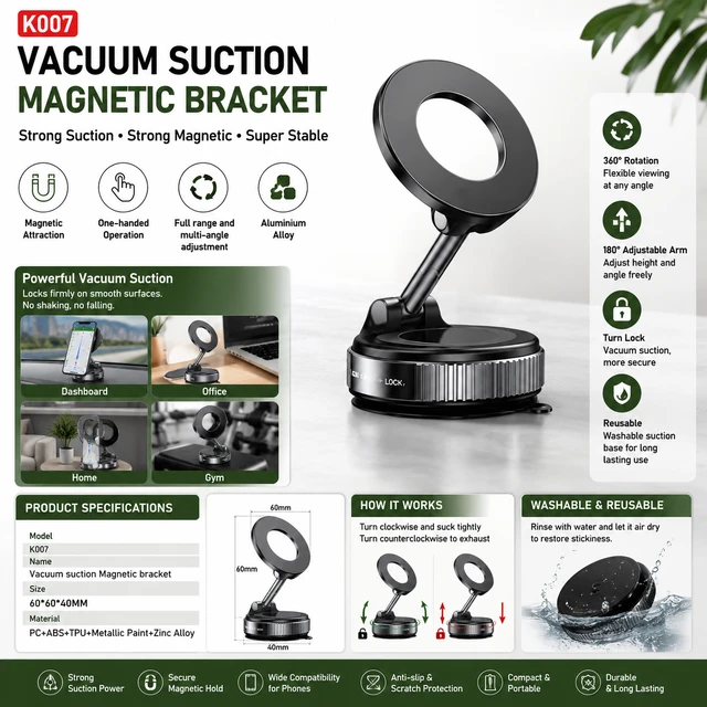 K007 Magnetic Phone Holder with Vacuum Suction Base, Strong Magnetic Attraction, 360° Rotation & 180° Adjustable Arm, Aluminium Alloy Mobile Mount for Car Dashboard, Desk, Office & Home