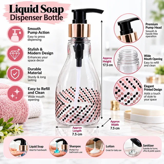 Transparent Liquid Soap Dispenser Bottle with Black Pump and Rose Gold Collar, Decorative Patterned Hand Wash Dispenser for Bathroom, Kitchen, Wash Basin and Vanity – Approx. 17.5 cm Height