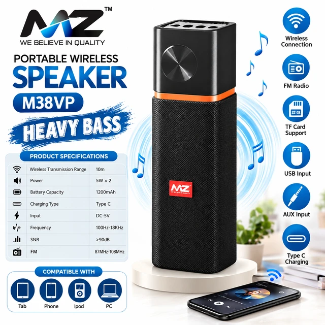 MZ M38VP Portable Wireless Speaker with Heavy Bass ( RANDOM COLOURS )5W × 2 Powerful Sound, FM Radio, TF Card & USB Support, AUX Input, Type-C Charging, 1200mAh Battery, Wireless Connectivity