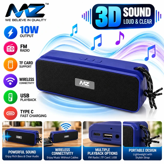MZ M204 Portable Wireless Bluetooth Speaker ( RANDOM COLOURS )10W Output, Heavy Bass & 3D Sound, FM Radio, TF Card & USB Playback, Type-C Fast Charging, Compact Portable Speaker for Music & Entertainment