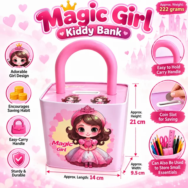 Magic Girl Kiddy Bank for Kids, Pink Princess Money Saving Bank with Carry Handle and Coin Slot, Cute Girls Piggy Bank for Encouraging Saving Habits and Storing Small Essentials