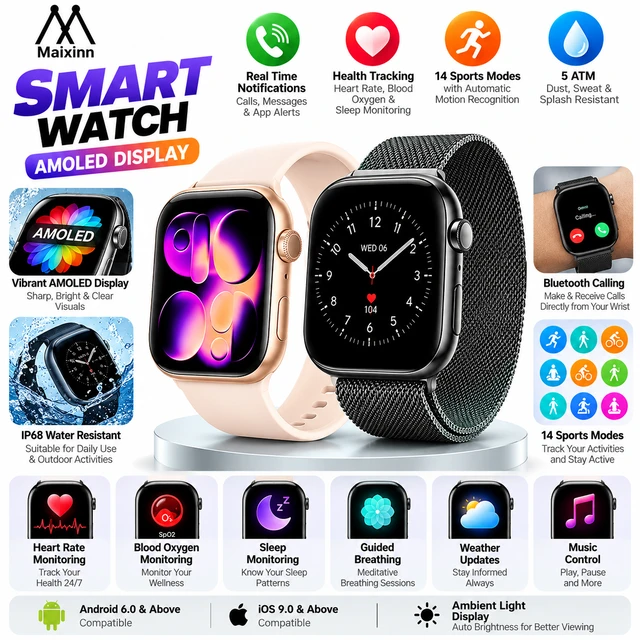 Maixinn Smart Watch  piece-1 (Random colours ) with AMOLED Display, Bluetooth Calling, Real-Time Notifications, 14 Sports Modes, Heart Rate, Blood Oxygen & Sleep Monitoring