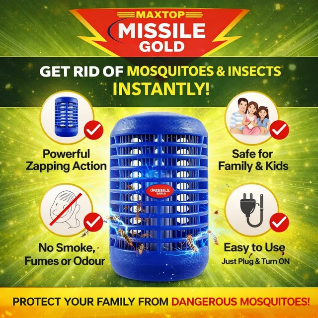 Missile Gold Electronic Mosquito Killer Lamp | Plug-in Insect Killer Machine with Night Lamp | No Chemical, No Smoke, Safe for Kids | Energy Efficient Indoor Bug Zapper
