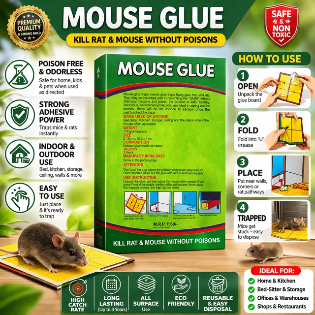 Mouse Glue Trap Strong Adhesive Rat & Mouse Catcher | Rat Pad | Poison Free & Odourless | Safe for Home, Kitchen & Storage | Reusable Sticky Trap Board for Rodent Control Pack of 1