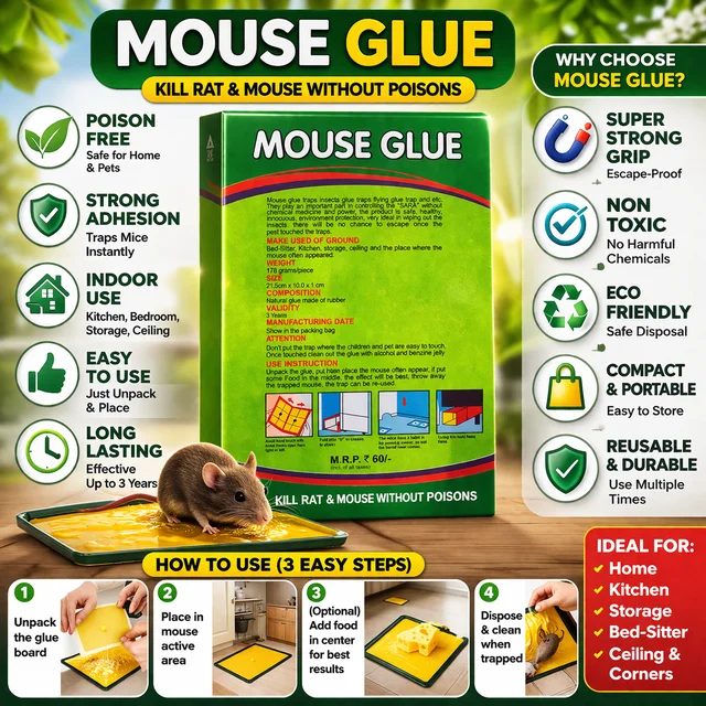 Mouse Glue Trap Strong Adhesive Rat & Mouse Catcher | Rat Pad | Poison Free & Odourless | Safe for Home, Kitchen & Storage | Reusable Sticky Trap Board for Rodent Control Pack of 1