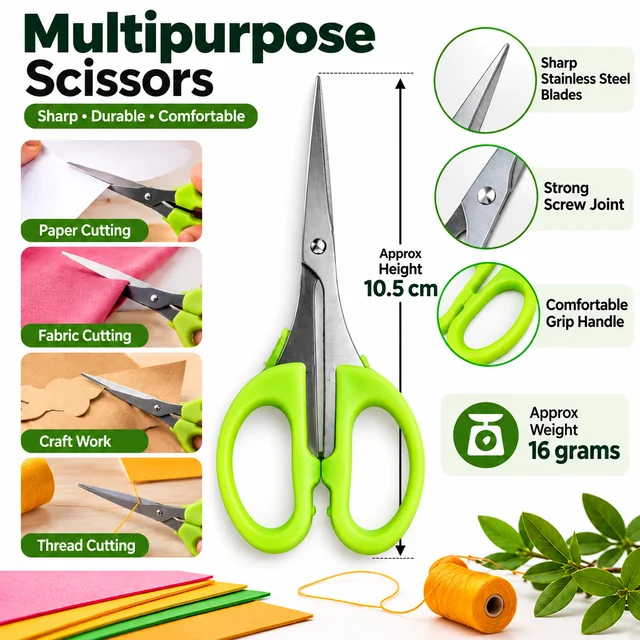 Stainless Steel Scissor with Comfortable Grip Handle, Sharp Durable Blades for Paper, Fabric, Cardboard, Office, School and Craft Use