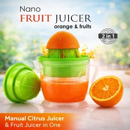 Nano Manual Fruit Juicer 2-in-1 | Portable Citrus & Multi-Fruit Hand Juicer with Container | Easy Press Juicer for Orange, Lemon, Grapes, Tomato | Compact, Easy to Clean Juicer