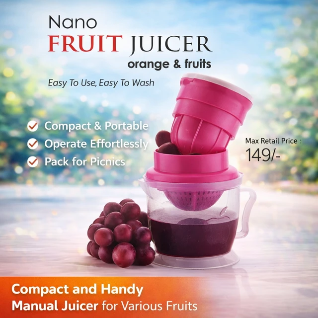 Nano Manual Fruit Juicer 2-in-1 | Portable Citrus & Multi-Fruit Hand Juicer with Container | Easy Press Juicer for Orange, Lemon, Grapes, Tomato | Compact, Easy to Clean Juicer