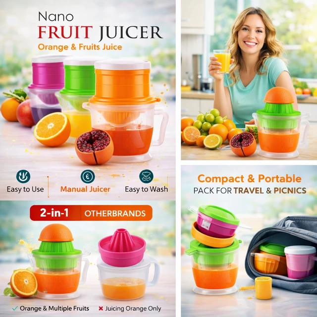 Nano Manual Fruit Juicer 2-in-1 | Portable Citrus & Multi-Fruit Hand Juicer with Container | Easy Press Juicer for Orange, Lemon, Grapes, Tomato | Compact, Easy to Clean Juicer