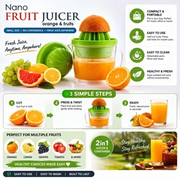 Nano Manual Fruit Juicer 2-in-1 | Portable Citrus & Multi-Fruit Hand Juicer with Container | Easy Press Juicer for Orange, Lemon, Grapes, Tomato | Compact, Easy to Clean Juicer