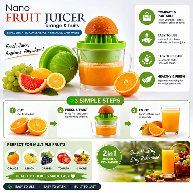 Nano Manual Fruit Juicer 2-in-1 | Portable Citrus & Multi-Fruit Hand Juicer with Container | Easy Press Juicer for Orange, Lemon, Grapes, Tomato | Compact, Easy to Clean Juicer