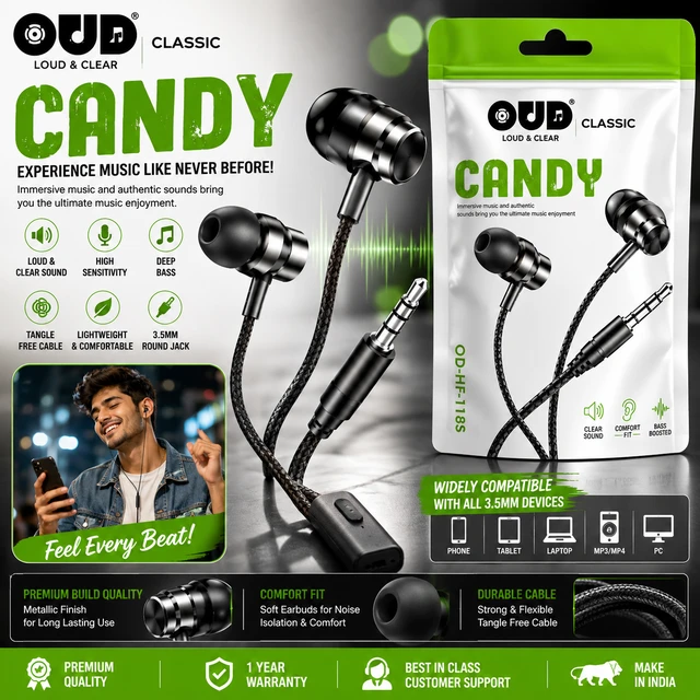 OUD Classic CANDY Wired Earphones with Microphone, Deep Bass Stereo Sound, 3.5mm Audio Jack, Tangle-Free Cable, Noise Isolation Earbuds for Mobile, Laptop & Tablet (OD-HF-1185)