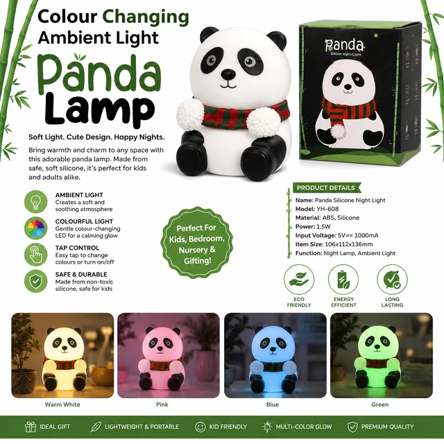 Colour Changing Ambient Light Panda Lamp | Soft Silicone Night Light with Tap Control | Cute Panda Bedside Lamp for Kids, Bedroom, Nursery & Gifting | USB Powered