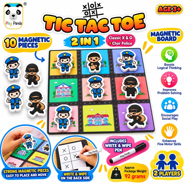 Play Panda 2-in-1 Magnetic Tic Tac Toe and Chor Police Board Game with 10 Magnetic Pieces, Write & Wipe Board and Marker, Educational Indoor Game for Kids Age 3+ (2 Players