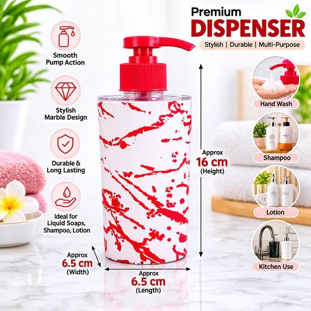 Premium Marble Design Liquid Soap Dispenser with Smooth Pump ( RANDOM COLOURS )| Stylish Red & White Marble Pattern Bottle for Hand Wash, Shampoo, Lotion and Kitchen Use | Approx. 16 cm Height