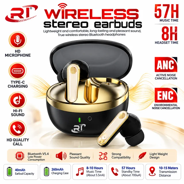 RT Ri-51 Wireless Stereo Earbuds with ANC & ENC, Bluetooth V5.4, Hi-Fi Sound, HD Microphone, Type-C Charging