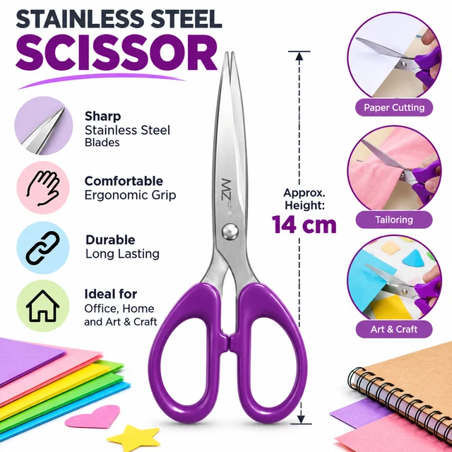 MZ Stainless Steel Scissor ( RANDOM COLOURS )Purple Ergonomic Handle, Sharp Metal Blades, for Home, Office, School, Paper Cutting and Art & Craft