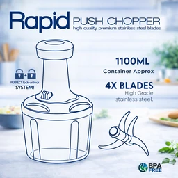 Rapid Push Chopper 1100ml | Manual Vegetable & Fruit Cutter | 4 Stainless Steel Blades | BPA-Free Container | Multipurpose Kitchen Chopper for Onion, Tomato, Nuts & Salad
